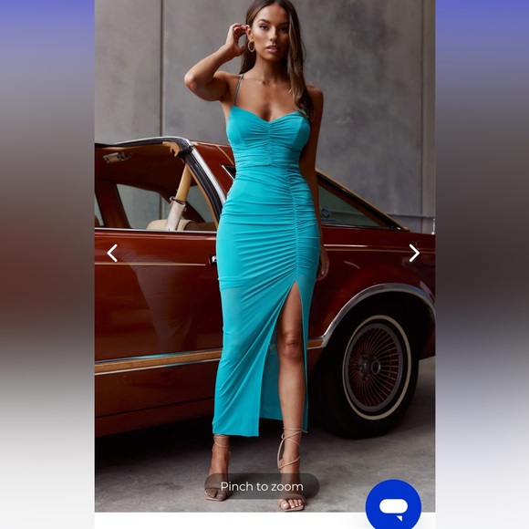 Selfie Leslie Dresses & Skirts - DISCOTEQUE TIE-UP BACK RUCHED MESH MAXI DRESS TEAL